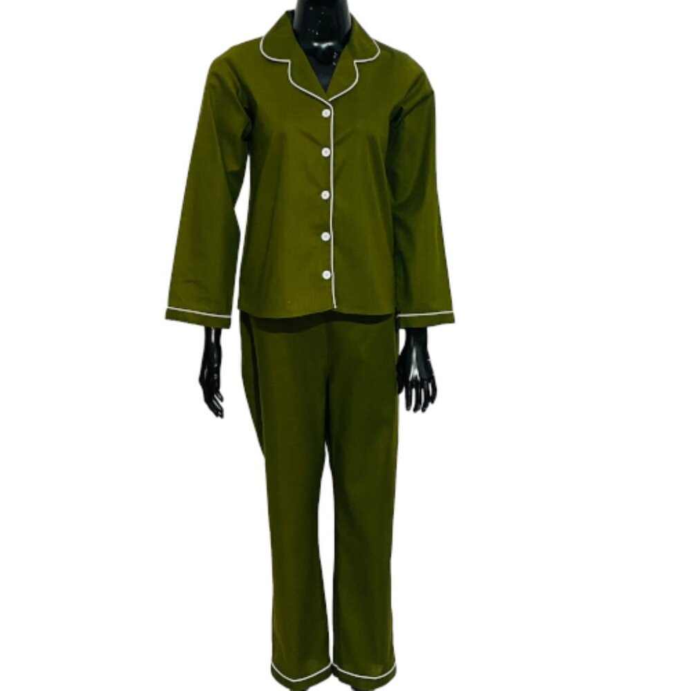 Olive Green Women's Pajama Set with Contrast Piping